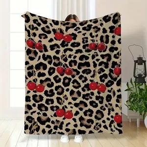 Leopard Cherry Print Flannel Throw Blanket - Breathable, Soft, Machine Washable, Scandinavian-Style All-Season Throw Blankets for Bedroom - Cozy Indoor/Outdoor Gift for Sofa