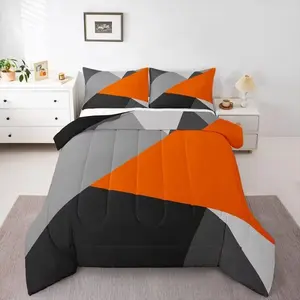 3-Piece Geometric Pattern Quilt Set Made of Orange, Black, and Grey Splicing - Soft, Lightweight, Breathable Bedding with 200g Quilted Fill, Includes 1 Quilt and 2 Pillowcases (Excluding Pillow Core) - Perfect for Home or Dormitory Use