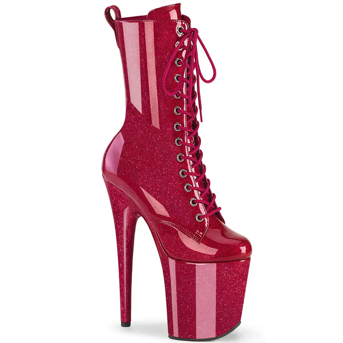 Women's 8-in Fuchsia Glitter Lace Chunky Heel Platform Boots with Zip, Glitter Patent FLAMINGO-1040GP Footwear for Stage Shows, High-Impact Color, Maximum Shimmer, Ankle, All Seasons