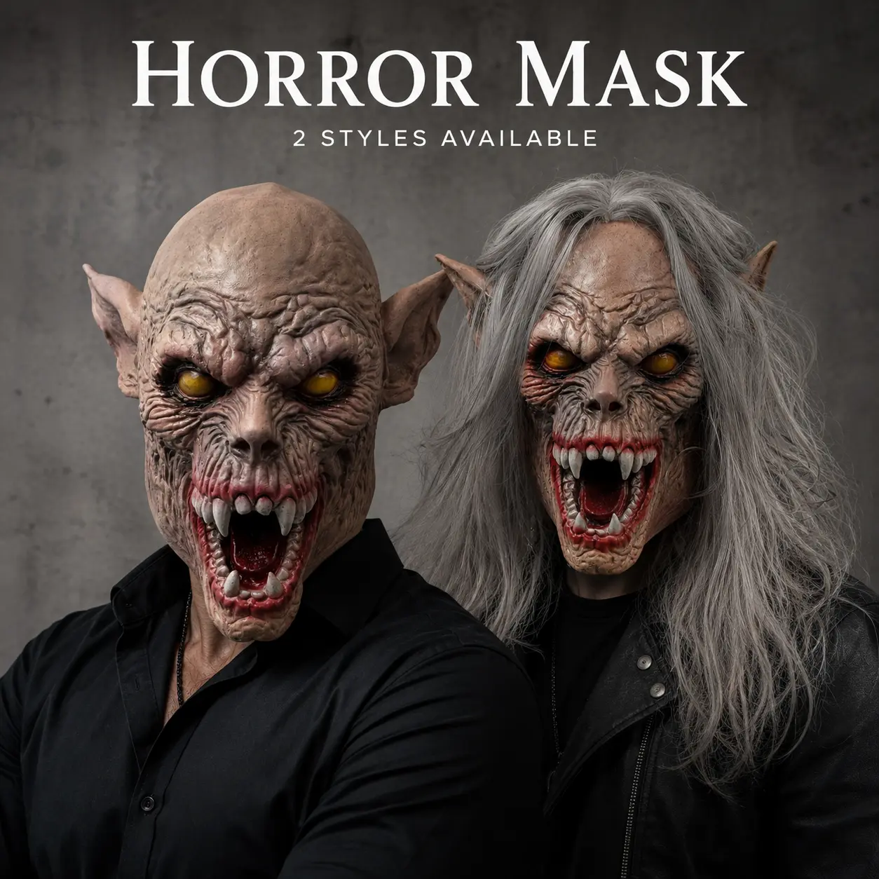 Unisex Adult Bald Vampire Latex Full Head Mask - 2 Styles Available, Grey Hair, Scary Fangs, Eye Details, Deep Wrinkle Details, Gothic Horror Realistic Design - Cosplay Gear, Halloween Costume Accessory, Photo Prop
