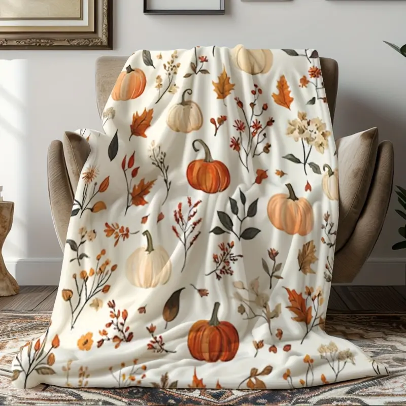 All-Season Flannel Blanket - Soft Cozy Fall Throw with Pumpkin, Leaf & Floral Prints in Orange, Beige, Brown - Lightweight Warmth for Couch, Bed, Home Decor - Machine Washable Flannel - Thanksgiving, Halloween, Christmas Gift Idea