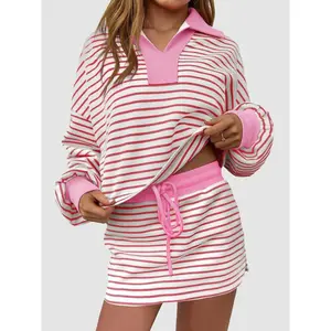 Women's  Striped Two-Piece Set - Polo Neck Long Sleeve Top & Mini Skirt Tracksuit