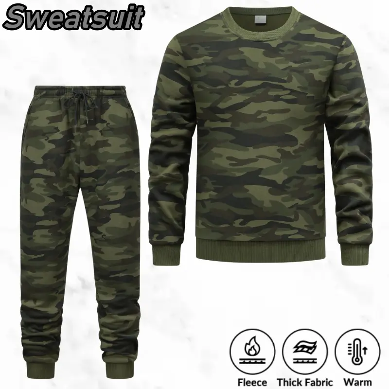 Men’s camouflage workwear crewneck sweatshirt set, fleece lined for added warmth and thickness; pants feature large cargo pockets, cuffed ribbed hem, and a loose, comfortable fit—ideal for everyday casual outings.