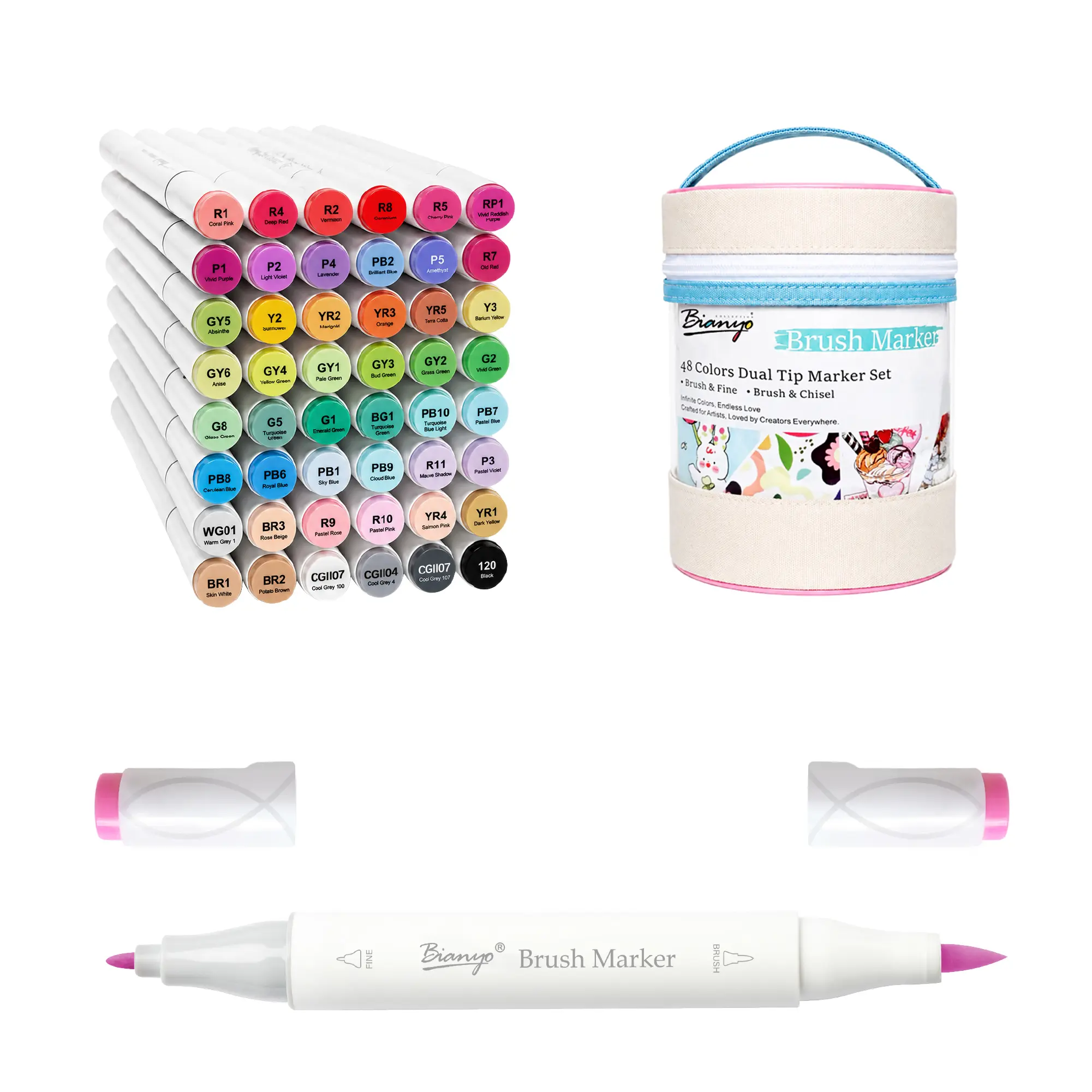 Bianyo 48-Color Dual-Tip Alcohol Markers Set - Brush & Fine Tips, 48+1 Blender, Brush Marker, for Adult Coloring, Creative Art Projects
