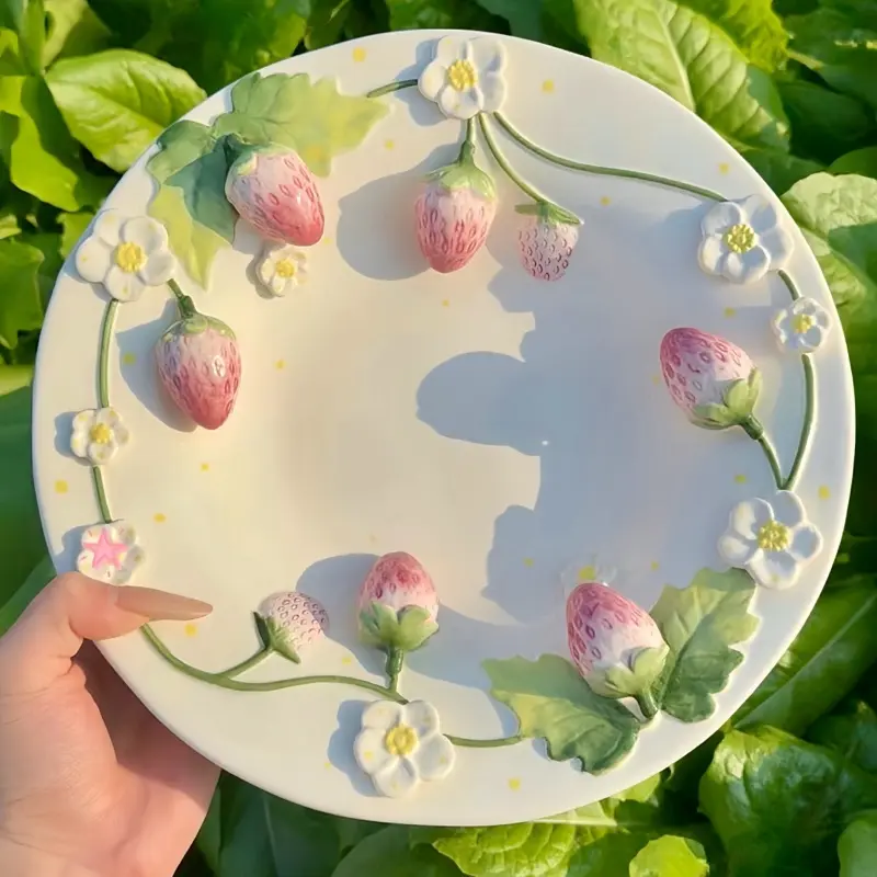 Handmade Strawberry Ceramic Plate 10 Inch Embossed Fruit Dessert Plate with Floral Accents - Cute Tableware for Kitchen, Cottagecore Decor