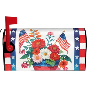 Patriotic American Flower Mailbox Cover, 4th of July Red Blue 25.1" Lx 21" W Magnetic Mailbox Cover, USA Floral Large Size Post Letter Box Wrap Decor, Independence Day Garden Yard Outdoor Decoration