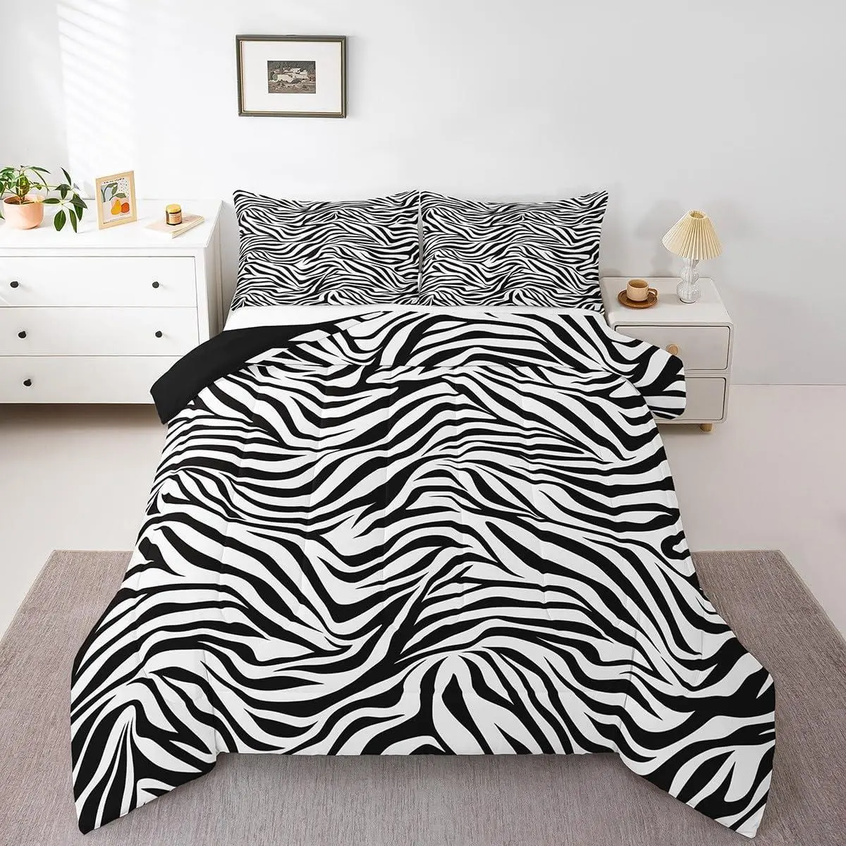 Black White Zebra Skin Comforter Set,Wild Animals Bedding Set Women,Adults Zebra Stripes Comforter,Zoo Animal Fur Quilted Duvet Set Bedroom Collection