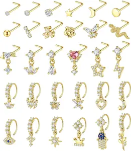 30 count 20G Dangle Nose Ring for Women L Shaped Dangling Nose Stud Surgical Steel Nose Ring Studs Dainty CZ Flower Heart Moon Star Dangle Rings Hoops Nose Piercing