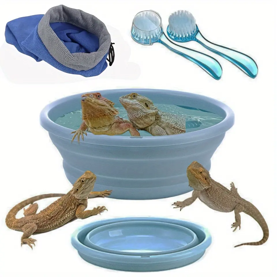 Reptile Clean Grooming Supplies Kit - 1 Set Single Set Durable PP Material Universal Tool with Foldable Bathtub, Super Absorbent Bath Towel, Soft Brushes for Bearded Dragons Lizards Hygiene Care