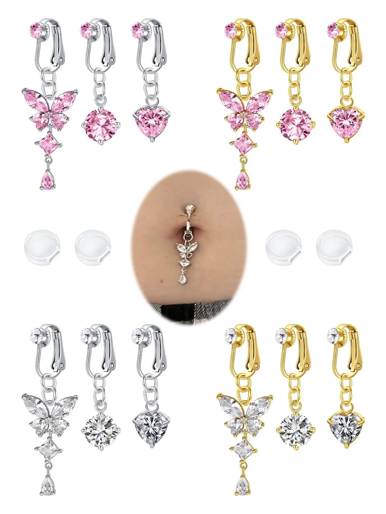Fake Belly Piercing for Women, Butterfly & Heart Design Clip on Belly Button Rings, Non Piercing Belly Button Ring, Navel Ring, Body Jewelry for Women, High Quality Jewelry