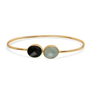 Blue Calcedony and Black Onyx Bangle Bracelet in Goldtone