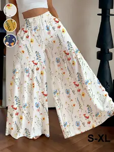European Style Floral Palazzo Pants, High Waist Elastic Waist Flowy Casual Long Pants, Suitable for Vacation and Commute