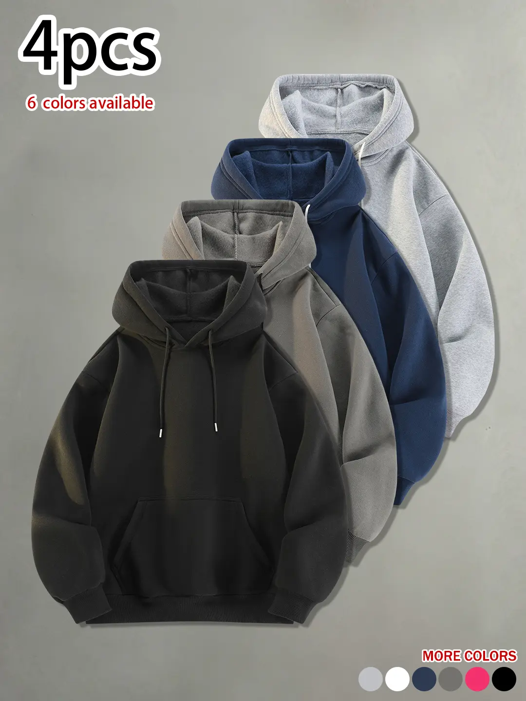 Available in packs of 4 or 1. Men’s minimalist casual hooded sweatshirt for spring and autumn—loose fit, solid color, comfortable and skin-friendly. A versatile, trendy casual sports pullover hoodie for everyday wear.