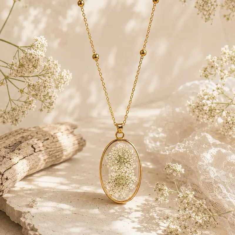Real Pressed Flower Resin Necklace | Handmade Stainless Steel Botanical Pendant