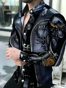 Men's Breathable Rocker Skull Biker Jacket Print Long Sleeve Lapel Button-Up Shirt Casual Fashion Wear Top
