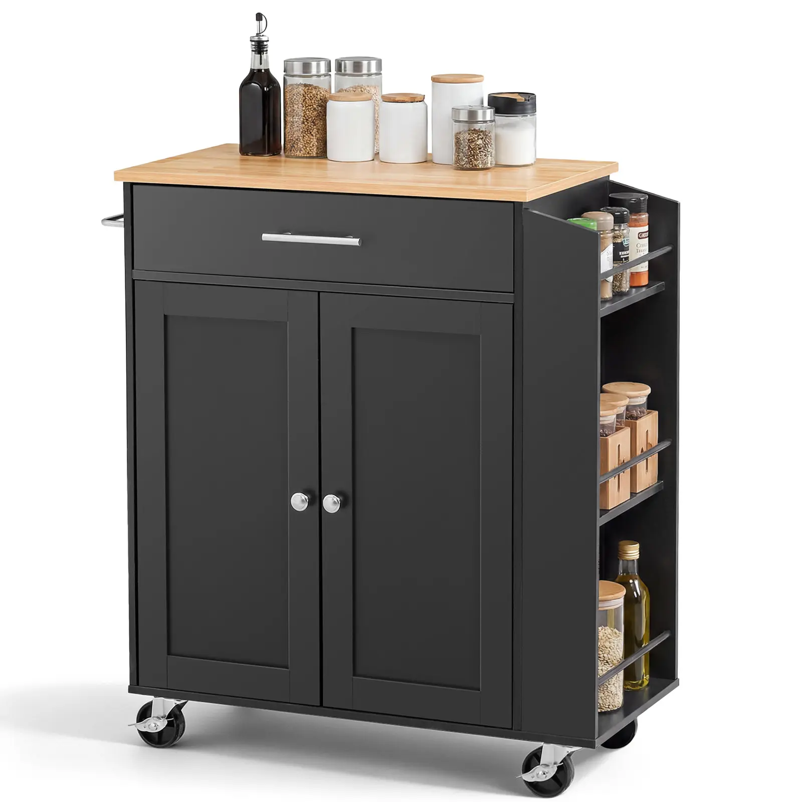 VEVOR Kitchen Island Cart with Storage, 31.3 in Wide Mobile Rolling Storage Island on Swivel Wheels, with Drawer, Storage Cabinet, Spice/Towel Rack, Table for Home Dining Room, Black#BacktoSchool