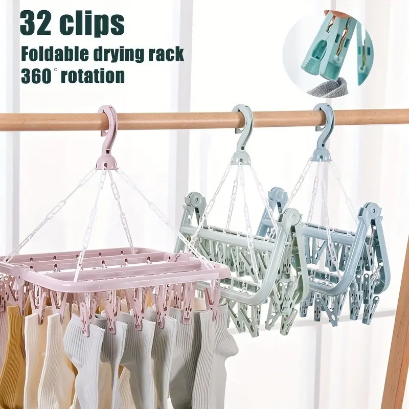1PC Folding Clothes Hanger with Clips Multi functional Windproof Drying Hanger and Sunscreen Clothes Hanger Folding Clothes Hanger Household Plastic Clothes Hanger Foldable Plastic Hangers 32 Clips