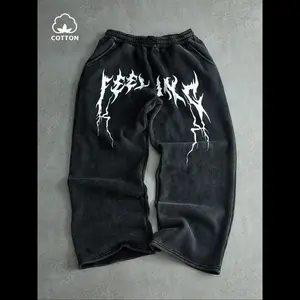 NewMen's Casual Loose-Fit Drawstring Pants, All-Season Cotton Sweatpants with Lightning Print, Comfortable Wide Leg Design for Daily Wear