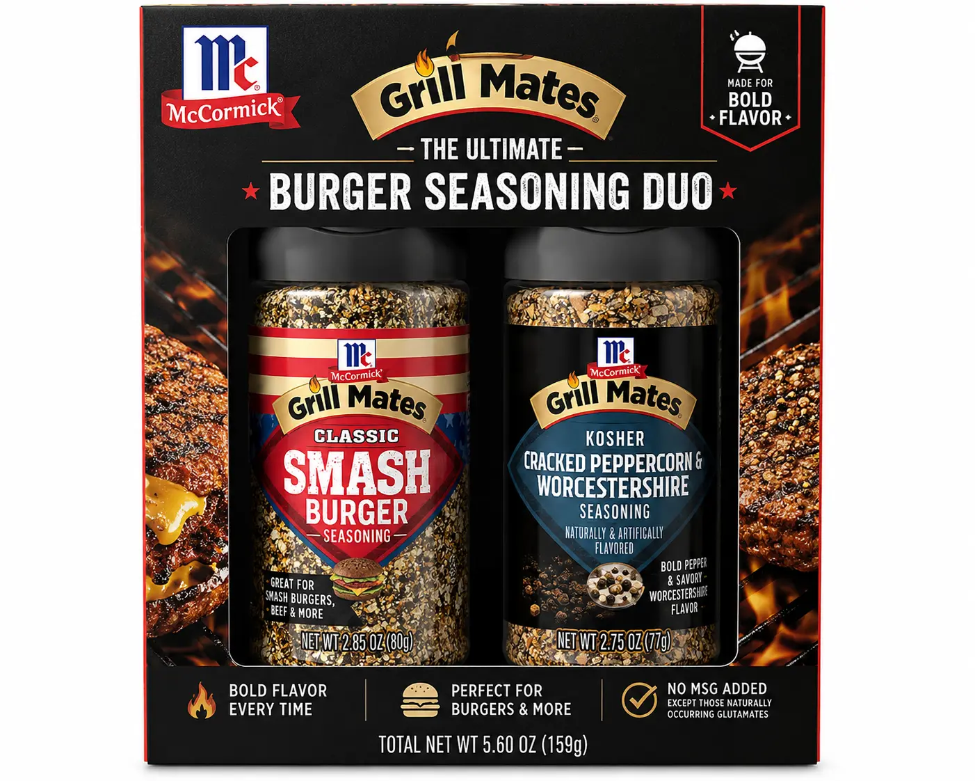Grill Mates Ultimate Burger Seasoning Duo Gift Pack – Classic Smash Burger Seasoning (2.85 oz) & Kosher Cracked Peppercorn & Worcestershire Seasoning (2.75 oz), Bold BBQ Flavor Variety Pack