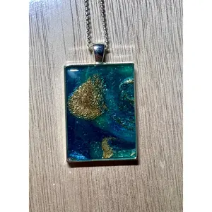 Green, Blue, and Gold Small Rectangle Resin Pendant Necklace
