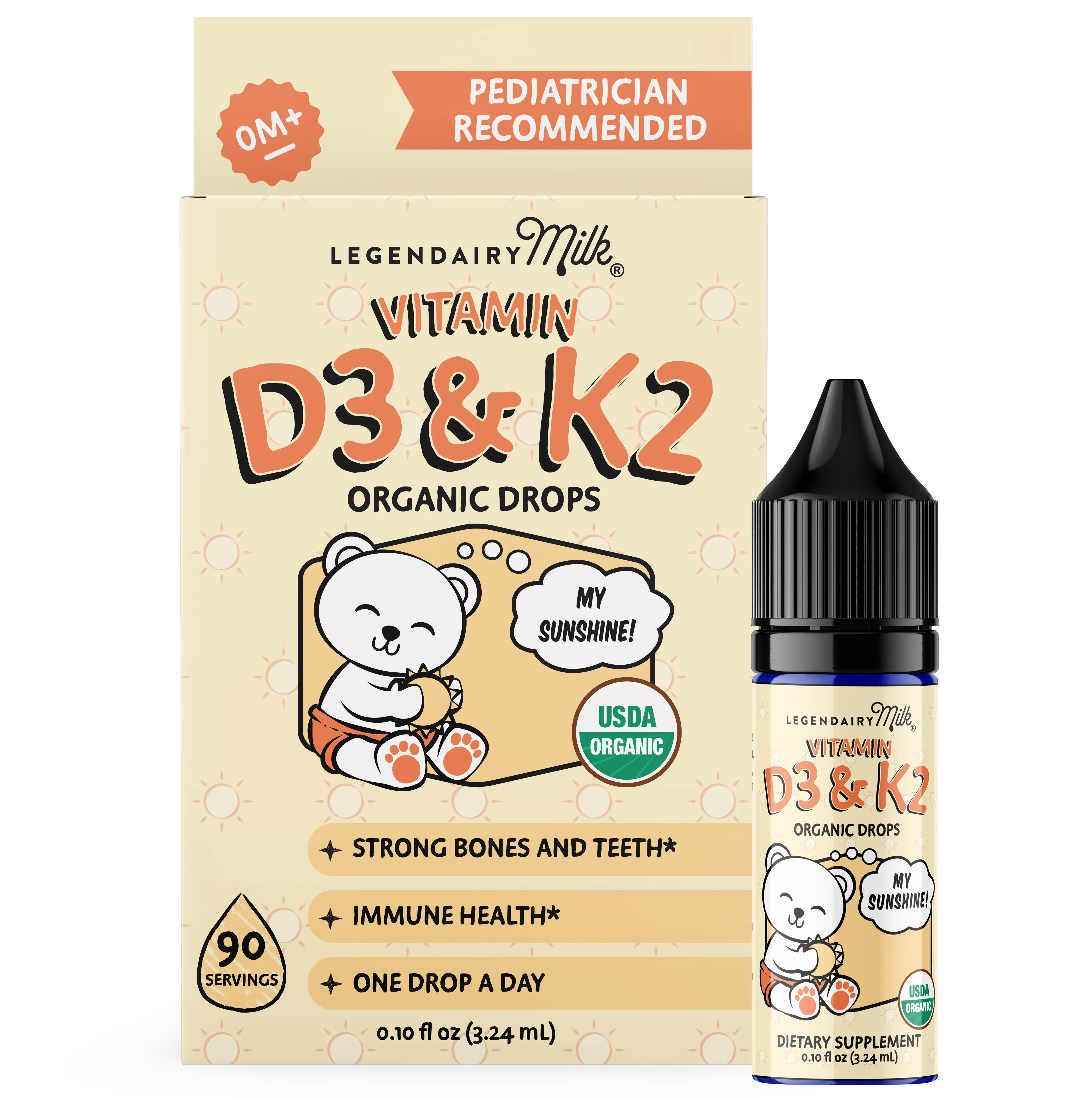Organic Vitamin D3 & K2 Drops - Baby and Toddler  - Legendairy Milk - Bone and Teeth Support - Immunity Health -  0+ Months - Organic Drops - 90 Servings