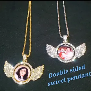 Custom Photo Memorial Winged Pendant Necklace Double Sided Swivel Keepsake Custom Picture Pendant with Free Chain Stainless Steel Unique Jewelry Day Gift