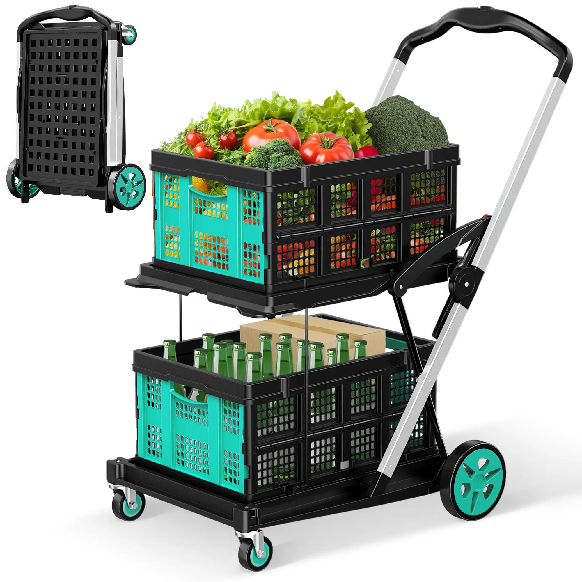 Modern Foldable Rolling Cart with Wheels, Portable Plastic Shopping Basket for Groceries, Laundry, Travel, Picnic and Home Storage, Lightweight Space-Saving Utility Pull Cart