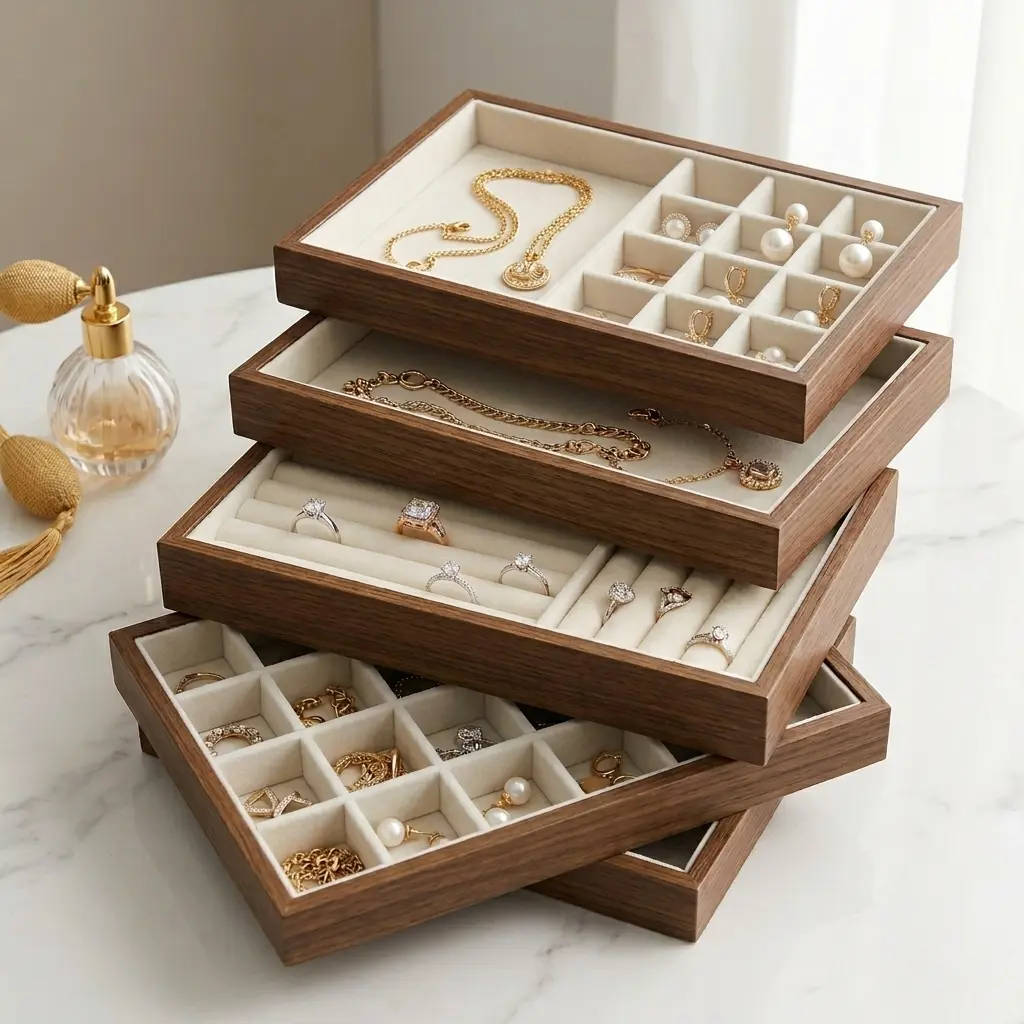 4-Piece Stackable Jewelry Organizer Trays, Premium Wood & Velvet Drawer Inserts for Rings, Earrings and Necklaces