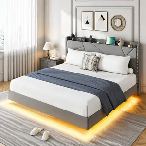 SA-Garvee Queen Size Floating Bed Frame with LED Lights and Charging Station, Upholstered Bed Frame with Storage Headboard, Button Tufted Design, No Box Spring Needed, Easy Assembly, Gray