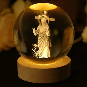 Large Size Crystal Ball Jesus Statue – Wooden Base Glass Sphere, Religious Home Decoration, Glow-in-the-Dark Gift Ornament