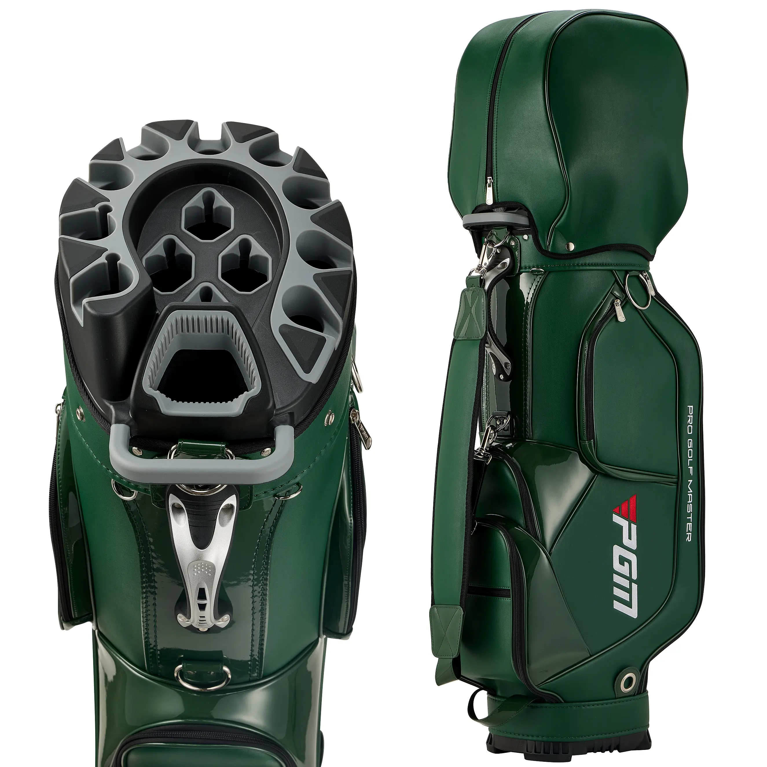 PGM Unisex Adults Golf Cart Bag, 14-Way Silent Top Organizer with 14 Custom Slots, Stylish Green Waterproof PU Leather Golf Gear, Secure Club Fit, Silent Carry