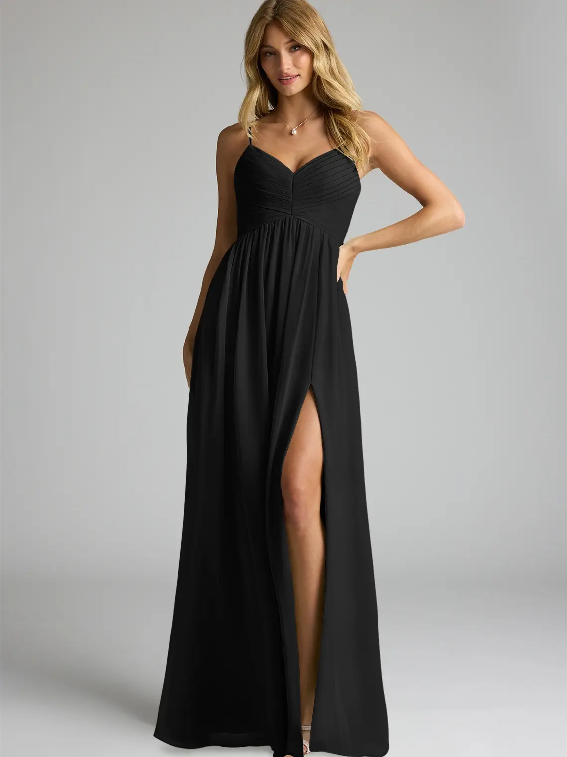 AZAZIE Alia Sleeveless Chiffon Bridesmaid Dress, A-Line V-Neck Gown with Empire Waist, Pleated Bodice, Leg Slit and Pockets