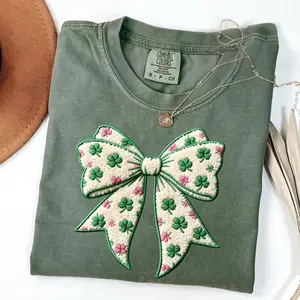 Comfort Colors PRINT Coquette Bow Shamrock T-shirt, FAUX St Patrick's Day Shirt, Lucky Bow Shirt Gift For Her
