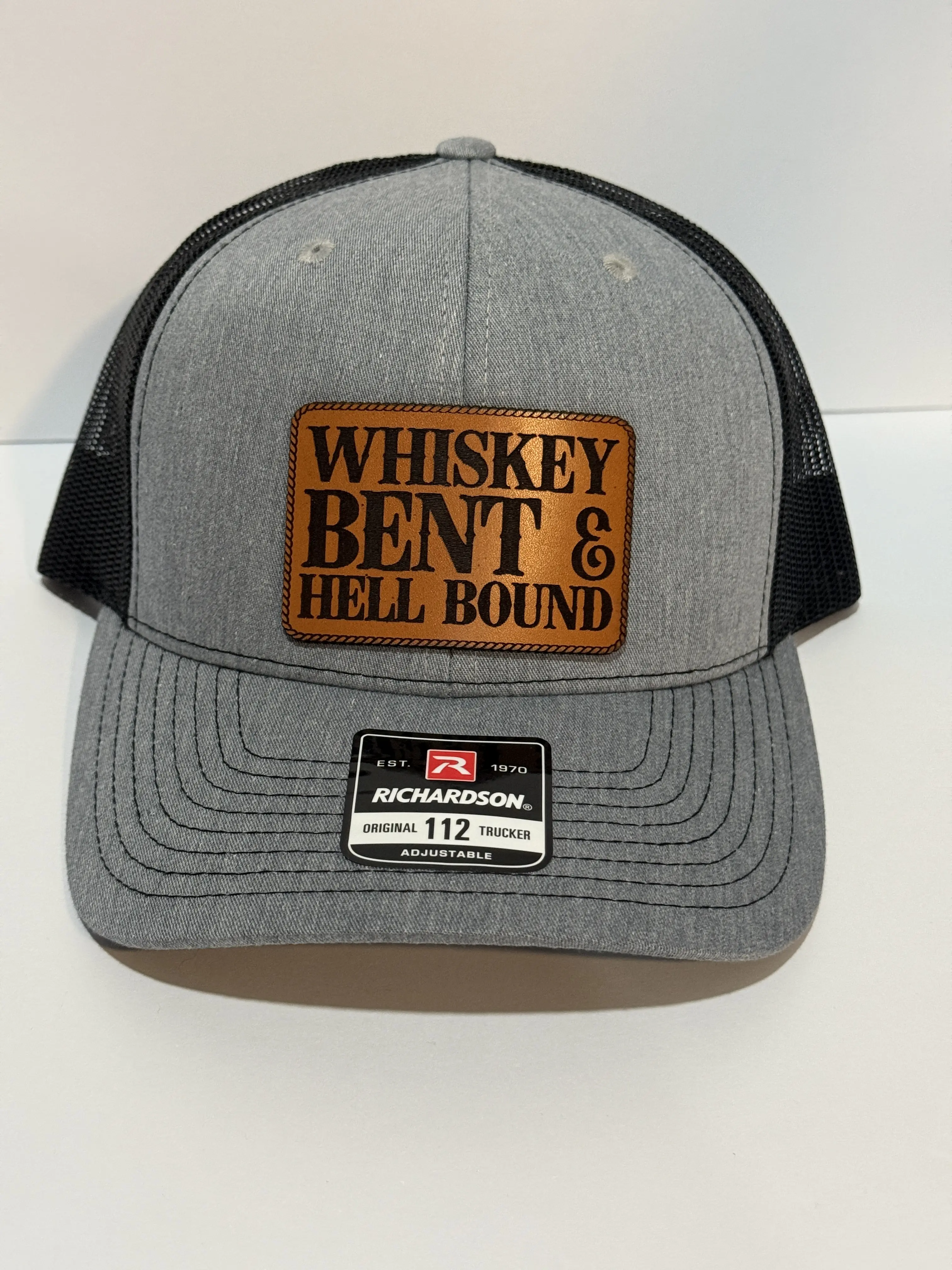 Unisex Whiskey Bent & Hell Bound Slogan Leather Patch Baseball Cap, Richardson 112 Trucker Snapback for Casual Streetwear Outfits