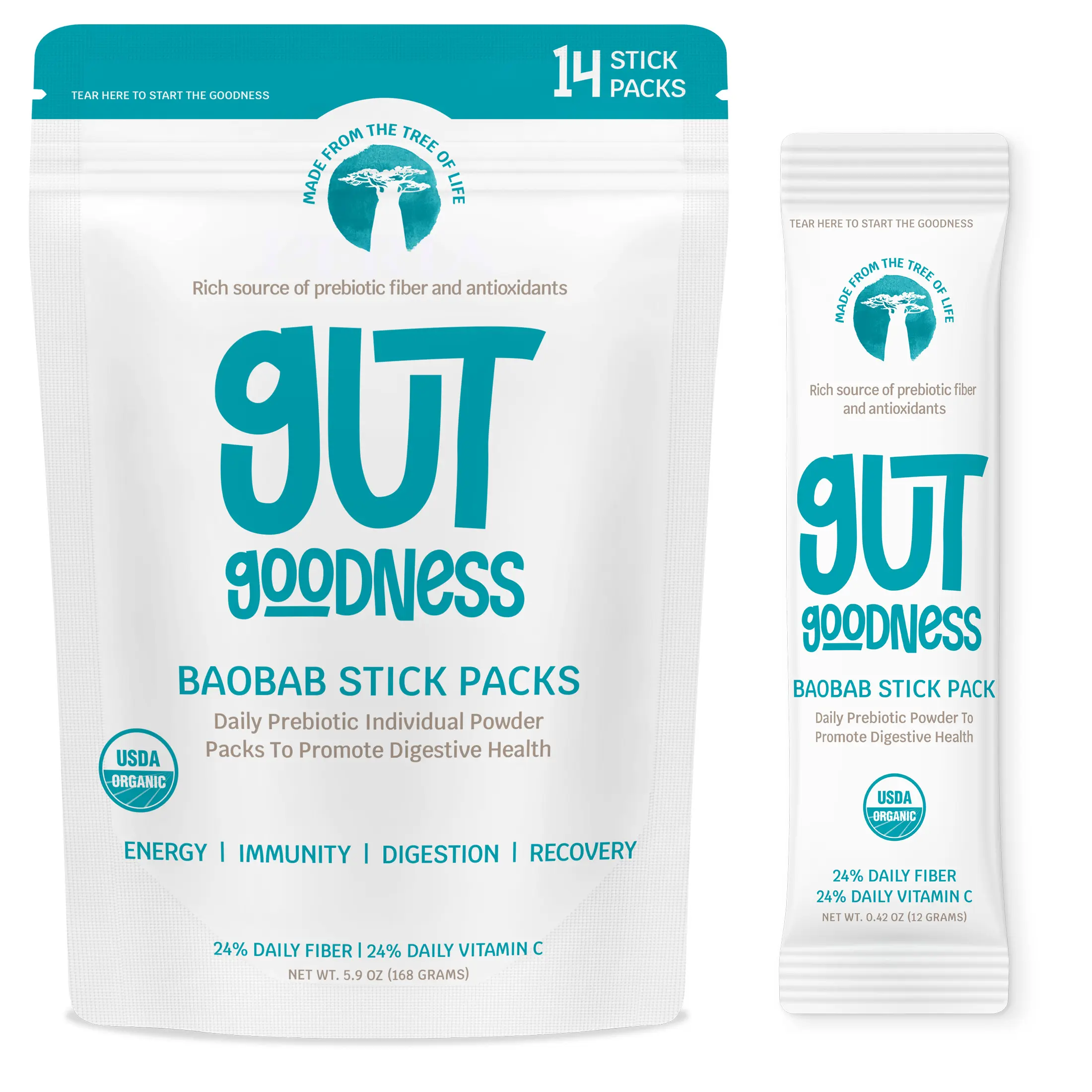 Gut Goodness Organic Baobab Powder Stick Packs – 14 Prebiotic Powder Stick Packs with 24% Daily Fiber & Vitamin C | Prebiotic Fiber Supplement for Gut Health, Energy & Recovery | South Africa Origin