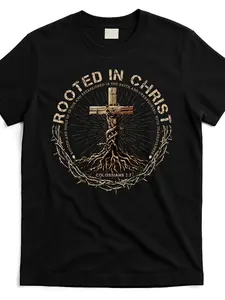 Rooted in Christ Jesus Christian Cross T-Shirt - Heavyweight 220gsm Pure Cotton Unisex Adult Short Sleeve Round Neck Tee with Cross & Roots Graphic & Inspirational Bible Verse Design for Church, Christian Events, Everyday Faith Apparel, Religious Wear, Ch