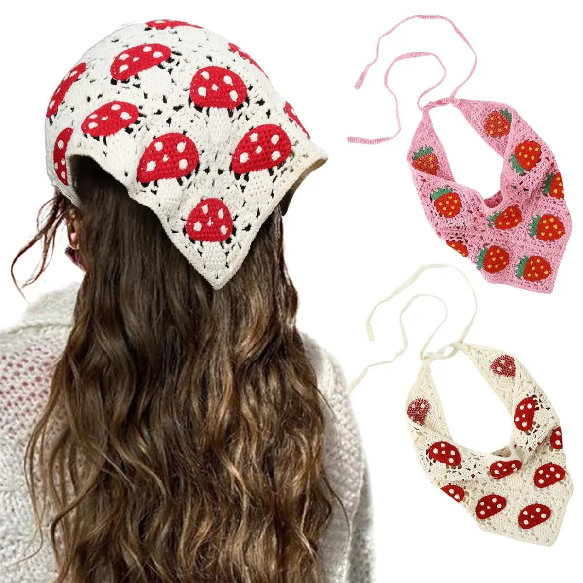 Handmade Headband Set, 2-Piece Crochet Bandana Kerchief for Women with Strawberry & Mushroom Pattern, All Seasons Hair Accessories, Adjustable Bandana Scarf Headbands, Bandana Wrap