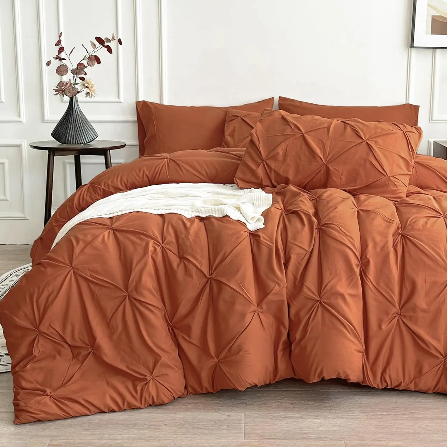 7-Piece Solid Burnt Orange Bohemian Soft Quilt Set - Queen Size Bedding Set with Microfiber Cover, Luxurious Pinch Pleat Comforter, Pillowcase Shams, Deep Pockets, All-Season, Machine Washable