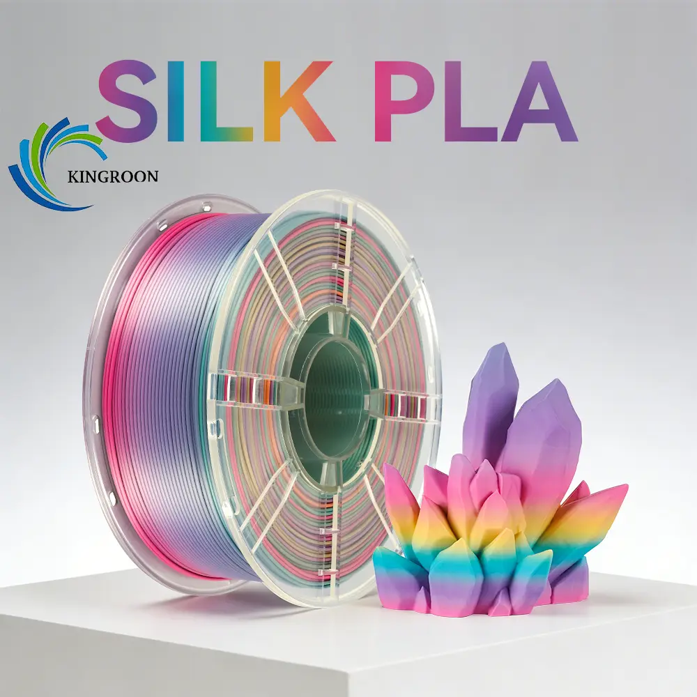 Kingroon Silk PLA Rainbow 3D Printing Supplies Filament, 1.75 mm, 1kg, Glossy Finish, Color-Changing, Tangling-Free, Silky Appearance, Smooth Printing Results, High Accuracy, 200~220°C Nozzle Temp, 0-60°C Bed Temp, Fits Most 1.75mm FDM 3D Printers