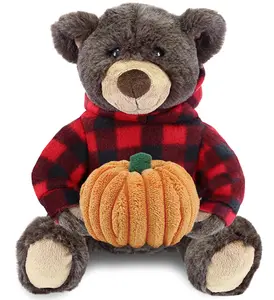 PLUSH PUMPKIN - SUPER SOFT PLUSH WITH RED PLAID HOODIE - BROWN BEAR