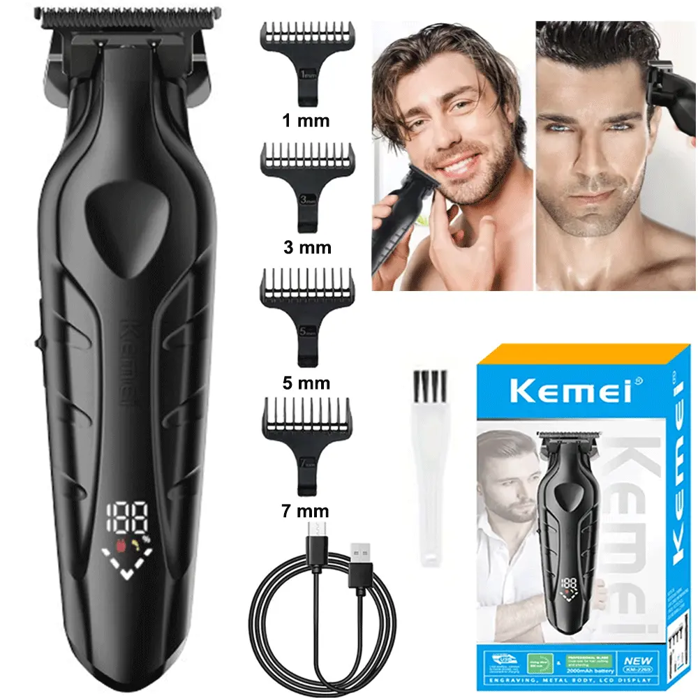 Kemei 2269 Professional Hair Trimmer, 1 Box Wireless Hair Clipper with Guide Comb & Cleaning Brush & USB Charging Cable, Multifunctional Hair Shaver for Men Durable Handle split end trimmer