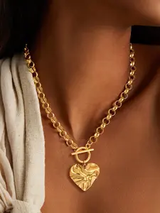 Women's Heart Pendant Necklace, Vintage Silver Color Stainless Steel Chain, Fashionable Exaggerated Hammered Design, Heart Shaped Necklace