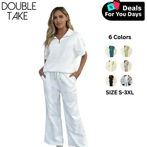 Double Take Full Size Texture Half Zip Short Sleeve Top and Pants Set Clothing Womenswear
