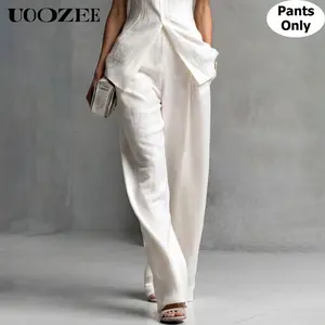 UOOZEE Women's Minimalist Light Blue Contrast Stripe Wide Leg Pants - Cotton-Polyester-Linen-Rayon Blend, Elastic Waistband, High Stretch, Pockets, Elegant Fit, Comfortable Formal Evening Wear (Only Pants)