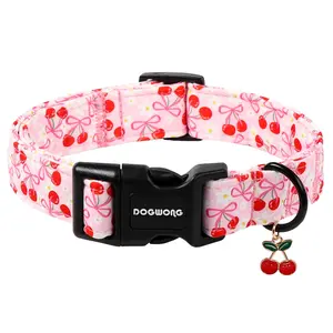 DOGWONG Pink Dog Collar - Cute Cherry Flower Design Adjustable Puppy Collar for Small to Large Dogs & Cats