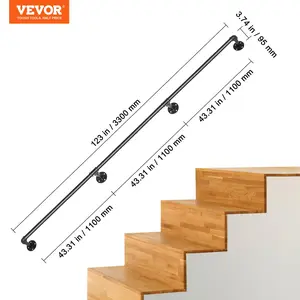 VEVOR Pipe Stair Handrail,  11FT Staircase Handrail, 440LBS Load Capacity Carbon Steel Pipe Handrail, Industrial Pipe Handrail with Wall Mount Support, Round Corner Wall Handrailing for Indoor, Outdoor