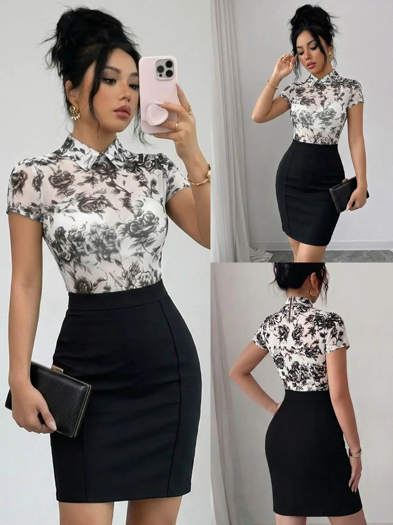 Women's Summer Floral Rose Print Blouse + High Waist Skirt Set, Fitted Mesh Lightweight Breathable Top, OL Style Elegance, Womenswear, Perfect for Office & Dates