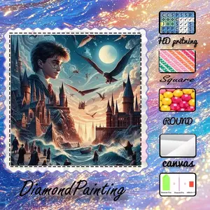 5D-DIY, velvet canvas, diamond art, diamond painting kit, magic castle, flying creatures, night sky, AB diamonds, crystal diamonds, Round, fairy dust diamonds, perfect home decoration