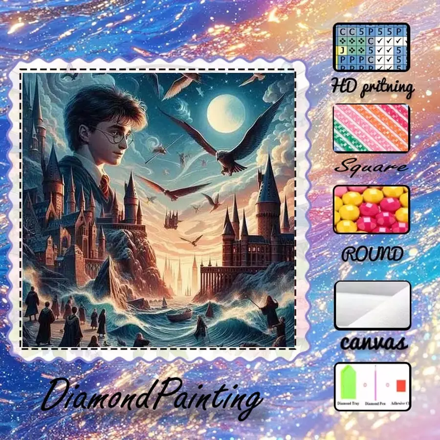 5D-DIY, velvet canvas, diamond art, diamond painting kit, magic castle, flying creatures, night sky, AB diamonds, crystal diamonds, Round, fairy dust diamonds, perfect home decoration