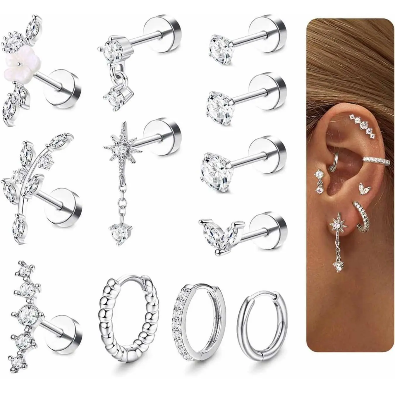 CASSIECA 12Pcs Unisex Steel Earring Stacking Set - Flat Back Studs, Flower Hoops, Helix Piercing Pieces for Cartilage Conch Daith Tragus, Gold Detailing, Silver, Casual Daily Wear, Flat Back Earrings